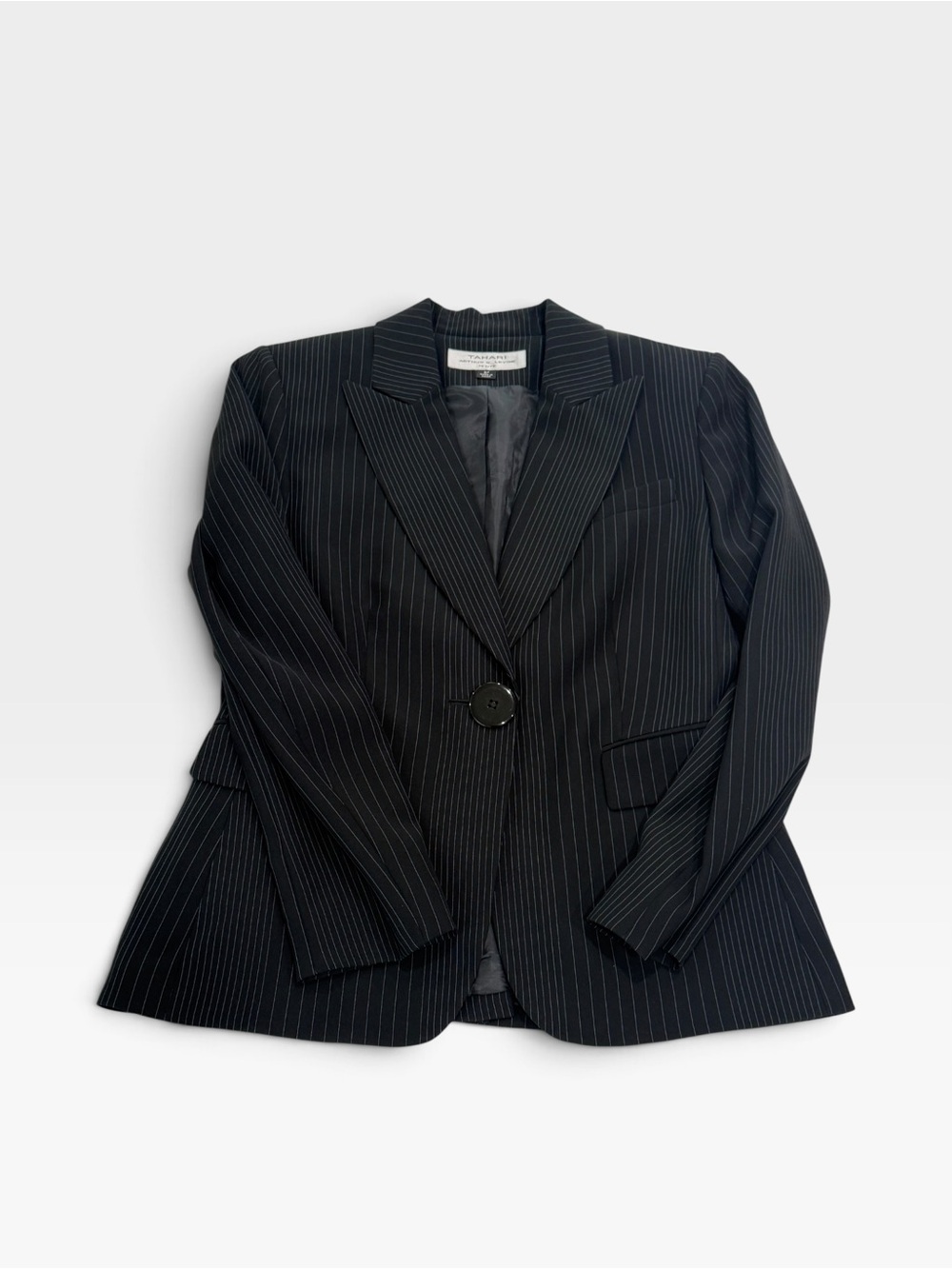 Tahari Women's Black Pinstripe Single-Button Blazer Size 8 Petite